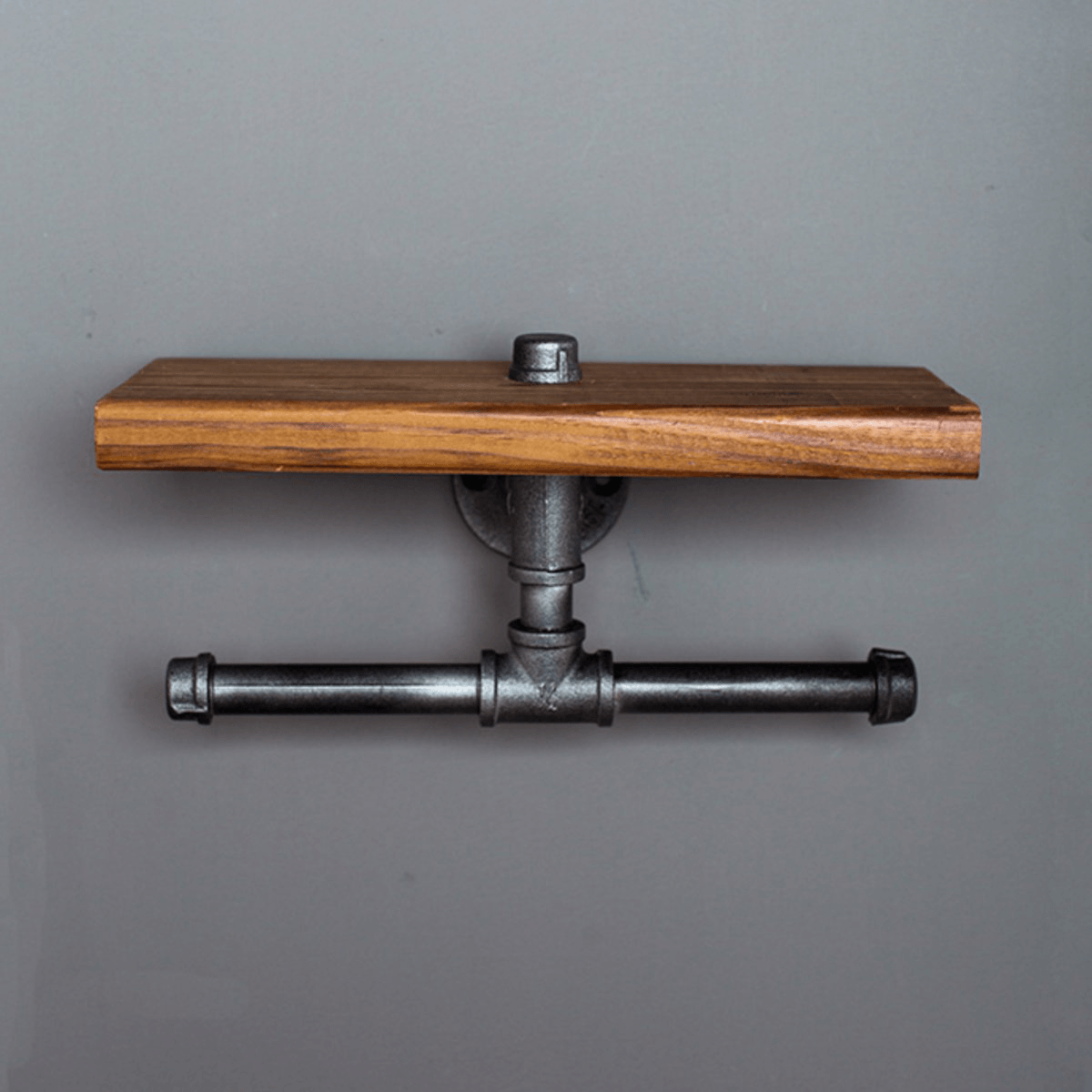 Double Toilet Paper Holder Urban Industrial Iron Pipe Wall Mount with Wood Shelf Paper Shelf Holder