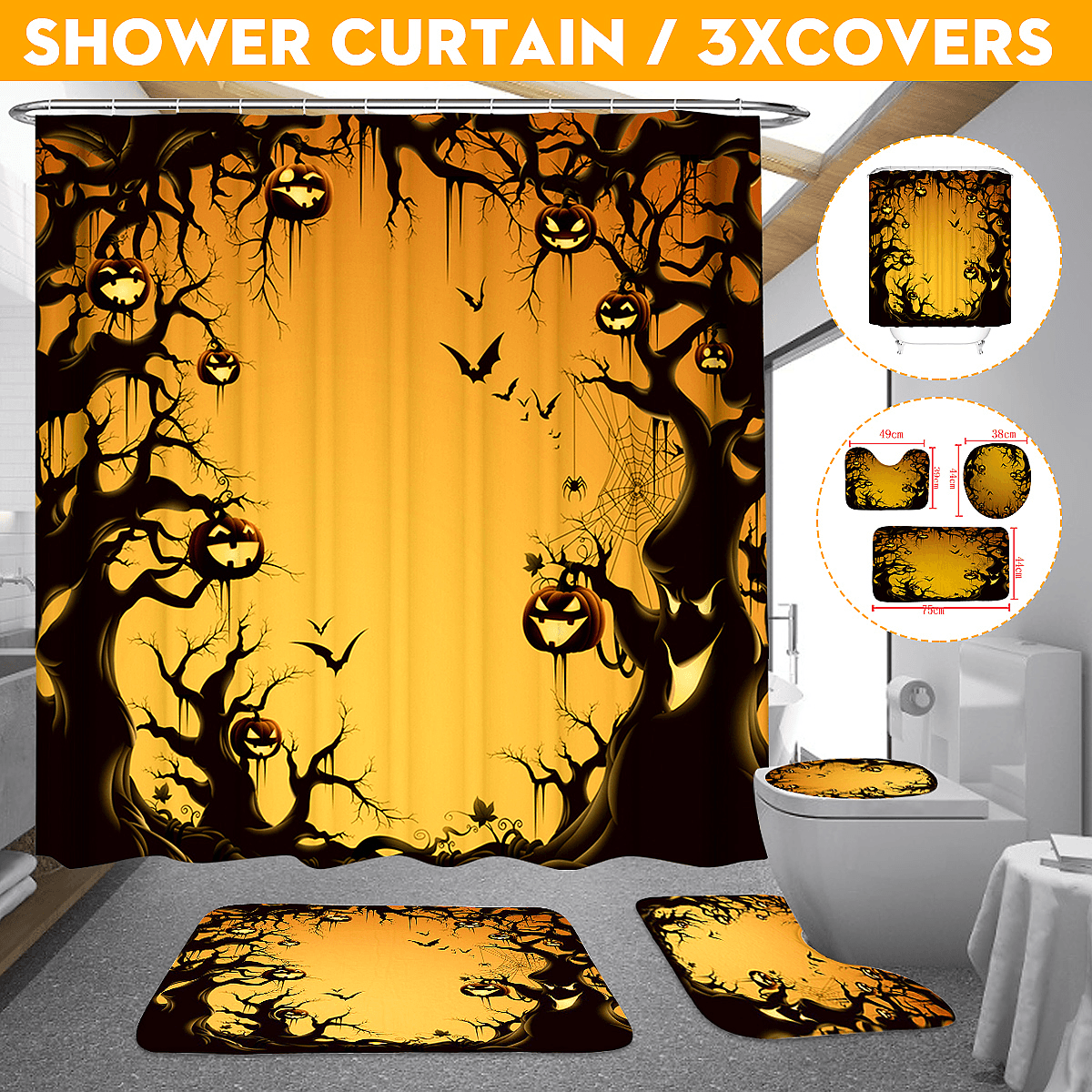 Halloween Series Decorative Toys Bathroom Toilet Cover+Non-Slip Pedestal Rug+Bath Mat / Waterproof Shower Curtain Halloween Style