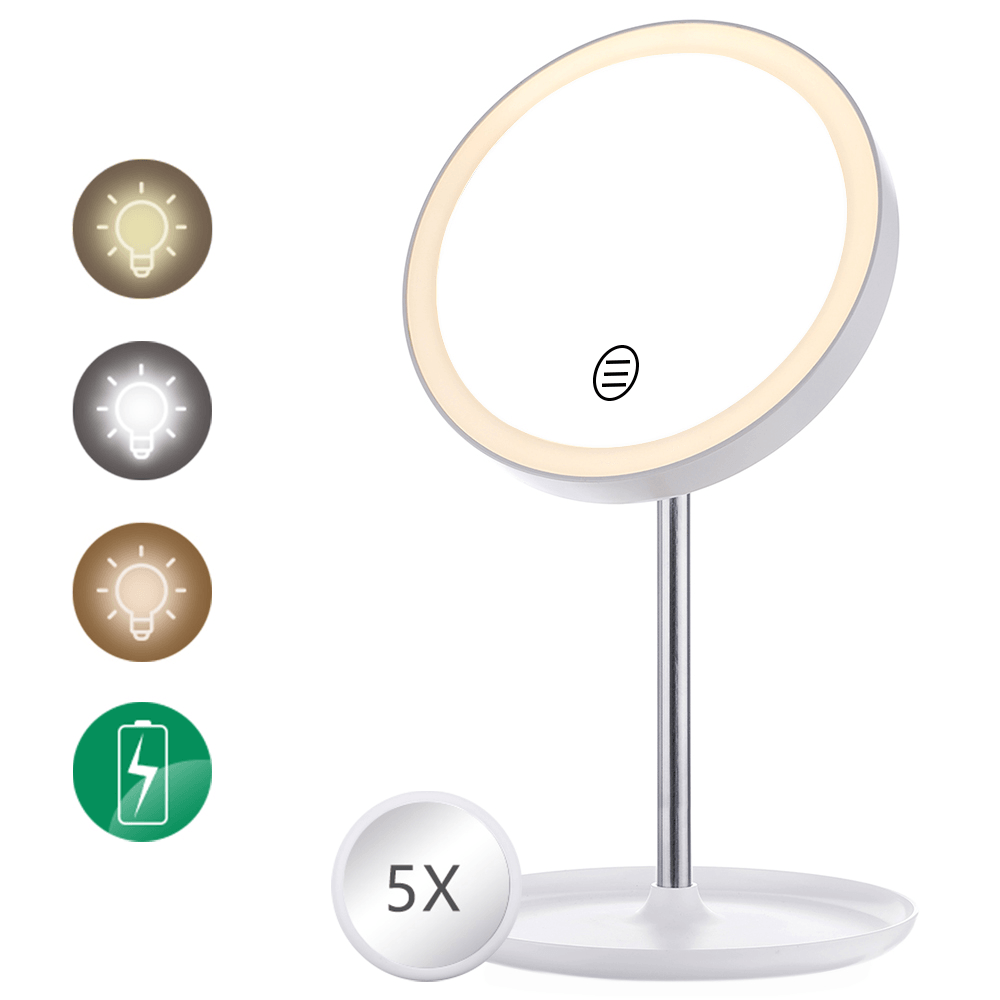 Lampe à miroir circulaire blanche GLIME Batterie 1200 Ma avec loupe 5X Interrupteur tactile Réglage de la température à trois couleurs Distribution de gradation sans polarité Câble USB