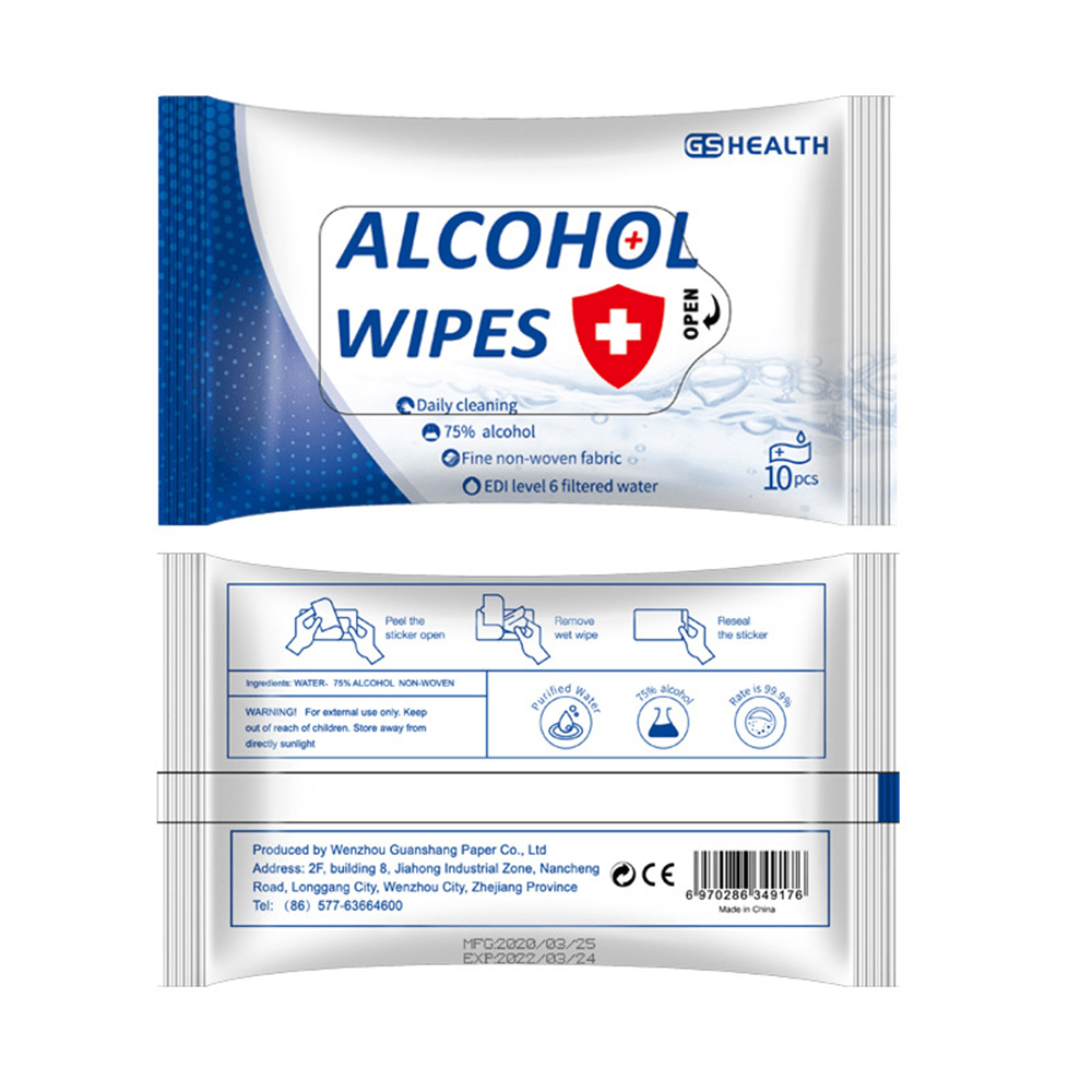 Lot de 10 lingettes de stérilisation à l'alcool portables, tampons d'alcool, lingettes humides pour la peau pour le nettoyage et les soins à domicile