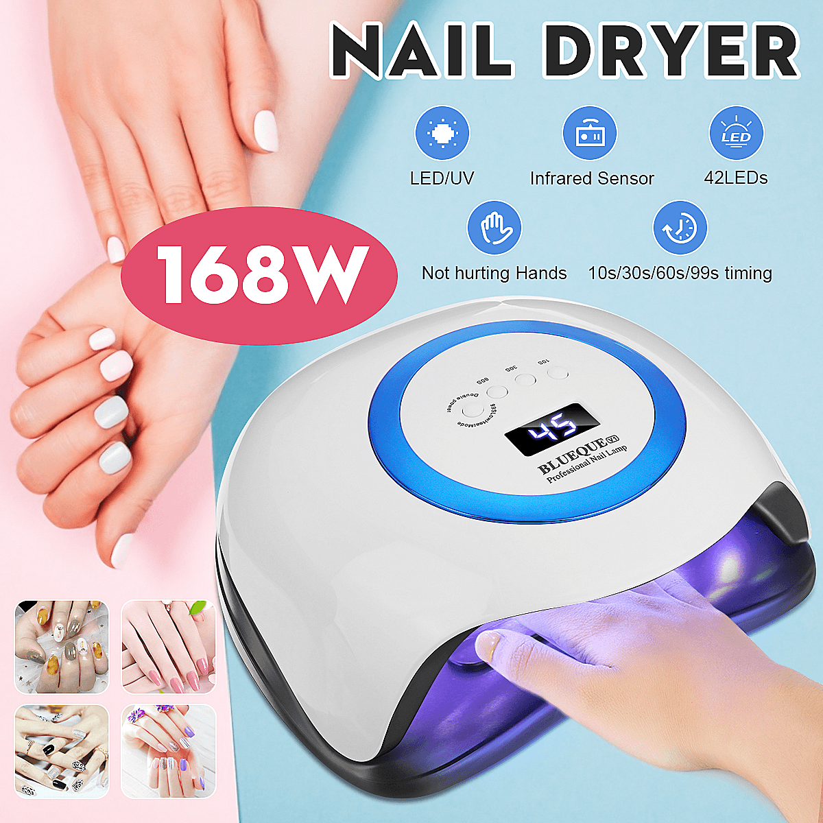 Secador de uñas con lámpara UV de 168 W, lámpara profesional de gel UV LED para uñas, lámpara de hielo para esmalte de gel de curado rápido para máquina de manicura de uñas