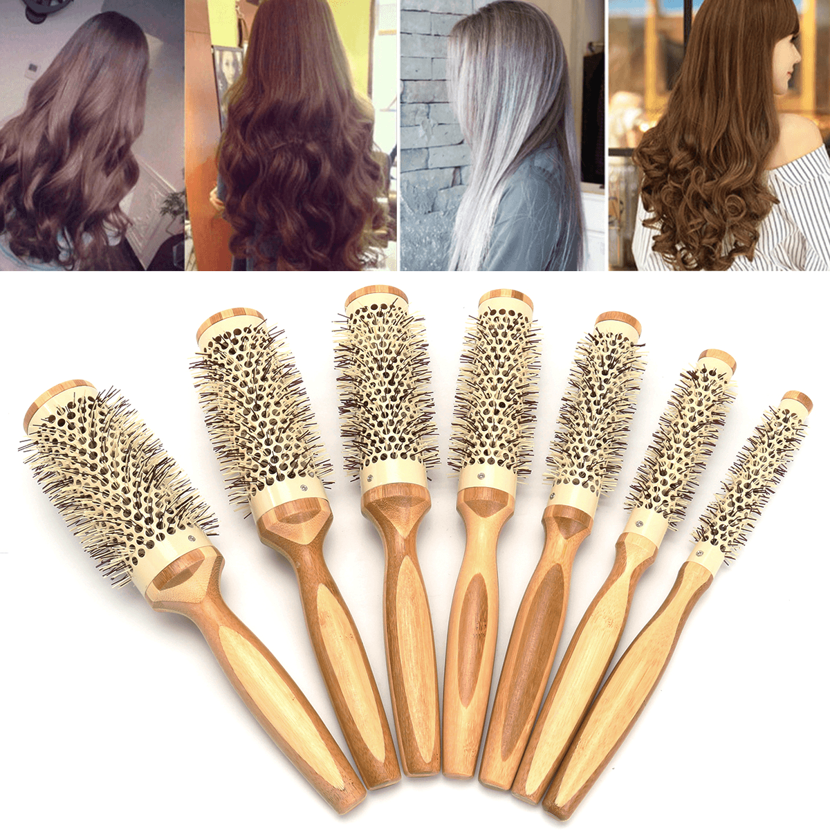 7 cepillos profesionales redondos para cabello rizado, cepillos de madera natural, peines, herramientas de salón