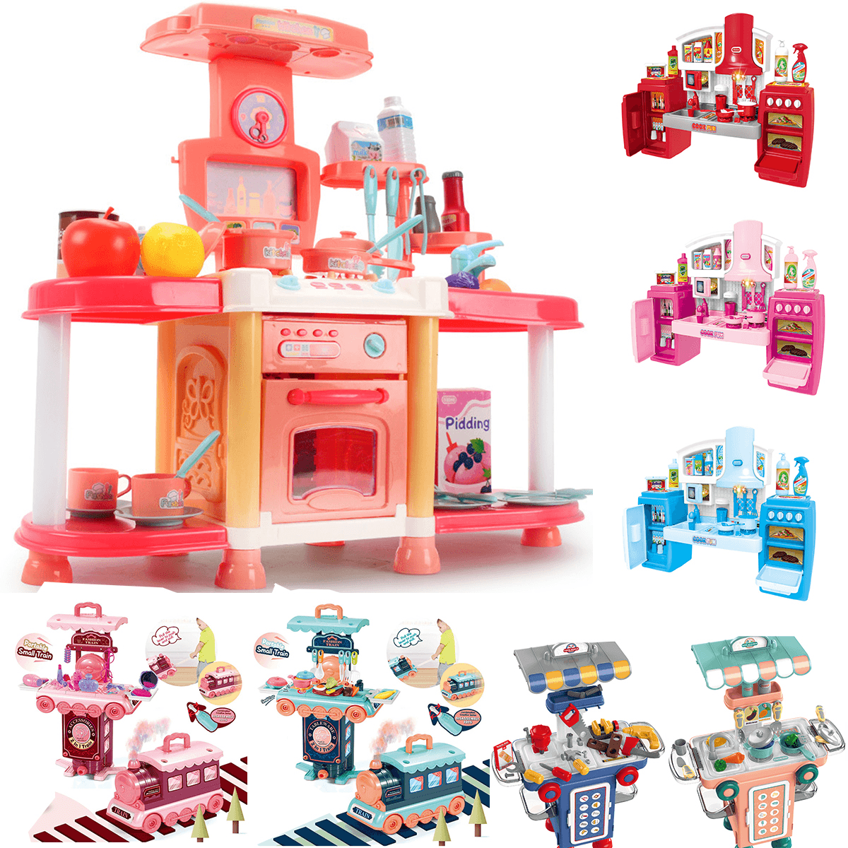 Juego de cocina multiestilo 2 en 1 y juego de aprendizaje de tren pequeño portátil, juguetes para niños, regalo