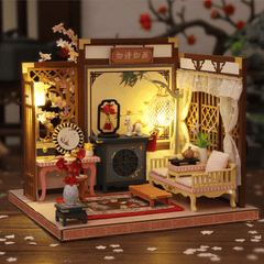 DIY Creative Chinese Style Retro Architectural Model Wooden Doll House Miniature Landscape Home Creative Gifts with Dust Cover and Furniture