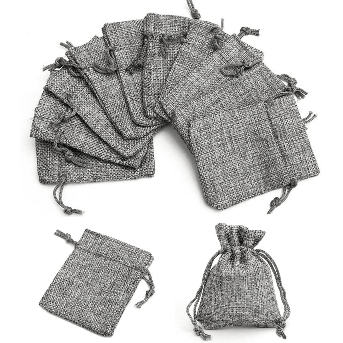 Lot de 10 sacs en toile de jute grise avec cordon de serrage, petit cadeau de mariage