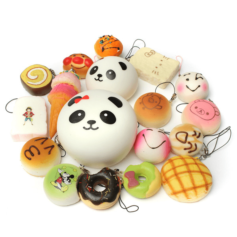 18 piezas de decoración de regalo de Navidad blandito con forma de panda, tostadas, bollos, donas, correas suaves para teléfono celular al azar