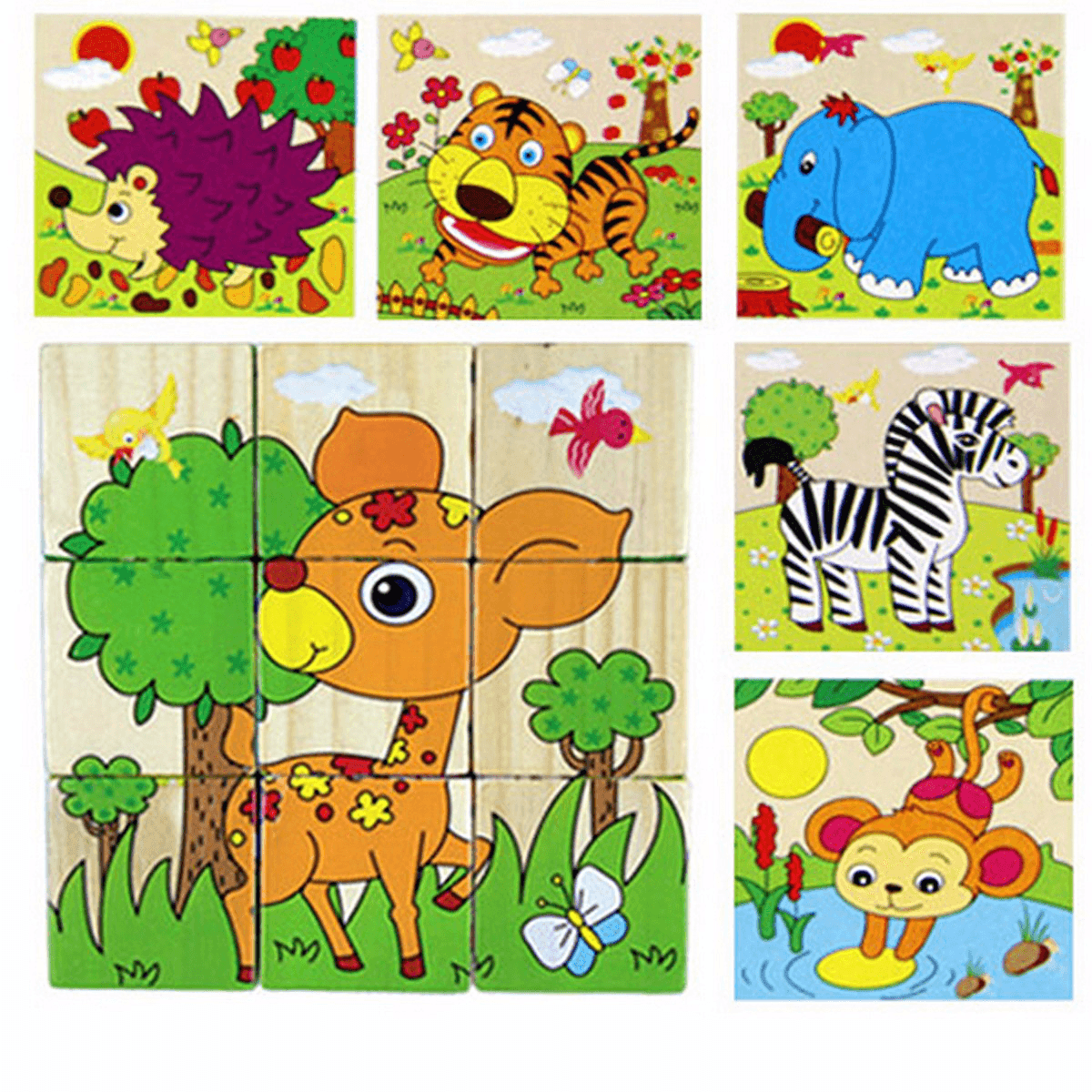 Blocs de puzzle de dessin animé pour enfants Jouets éducatifs colorés en bois pour enfants