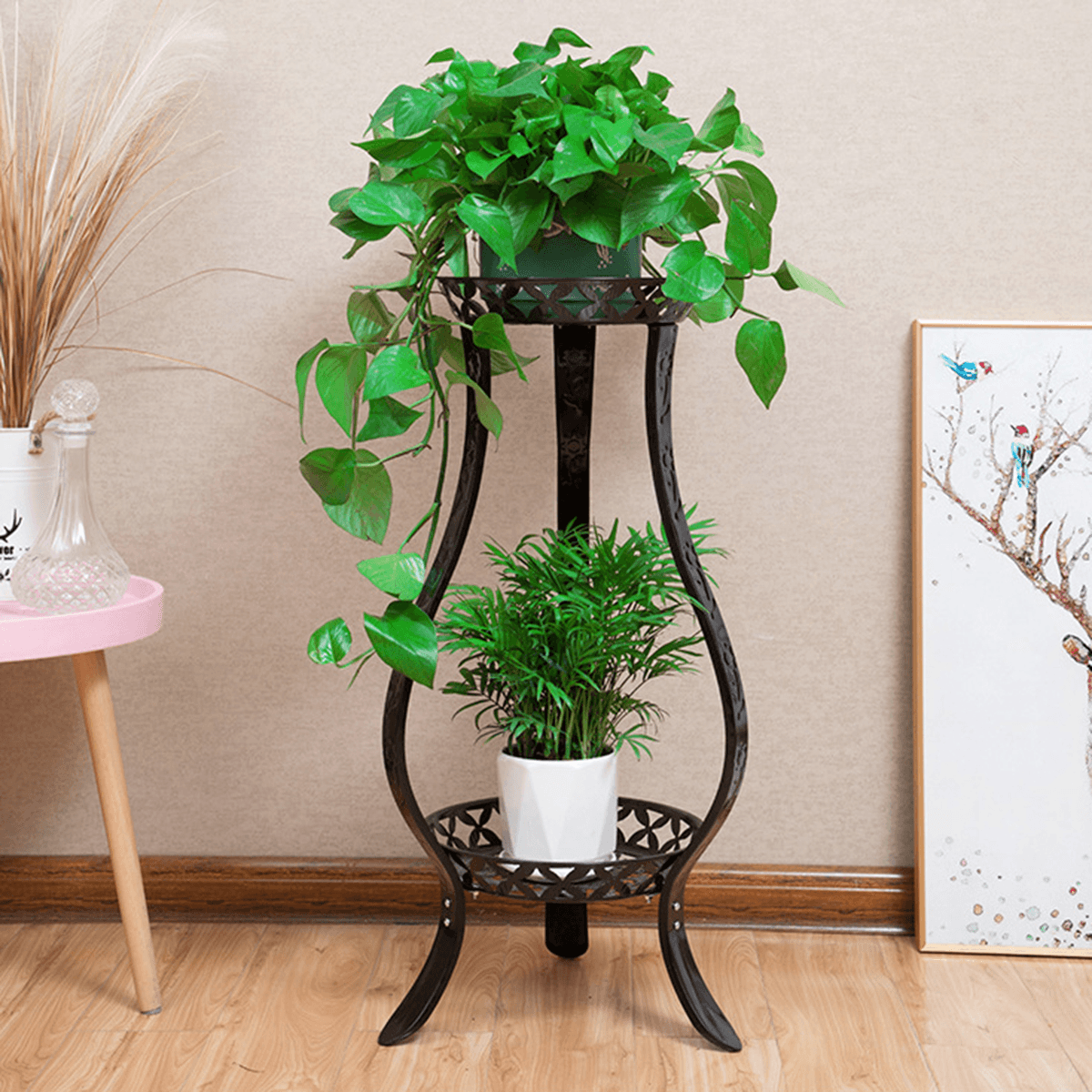 Estante de metal para suelo con 2 capas para plantas y flores, decoración para el hogar y el balcón