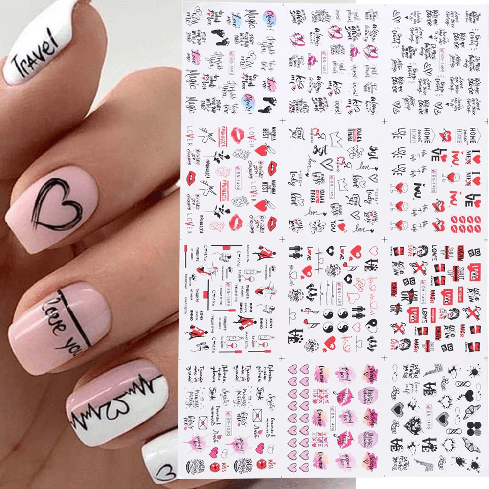 Lot de 12 autocollants pour nail art, lettres d'amour, fleurs, décoration d'ongles, autocollants de transfert pour la Saint-Valentin