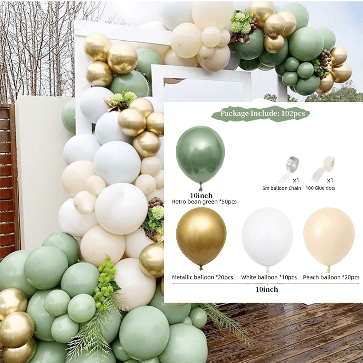 Guirlande de ballons verts et dorés pour fête, anniversaire, mariage