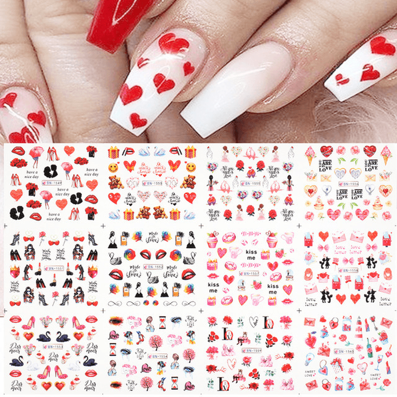 Lot de 12 autocollants pour nail art, lettres d'amour, fleurs, décoration d'ongles, autocollants de transfert pour la Saint-Valentin