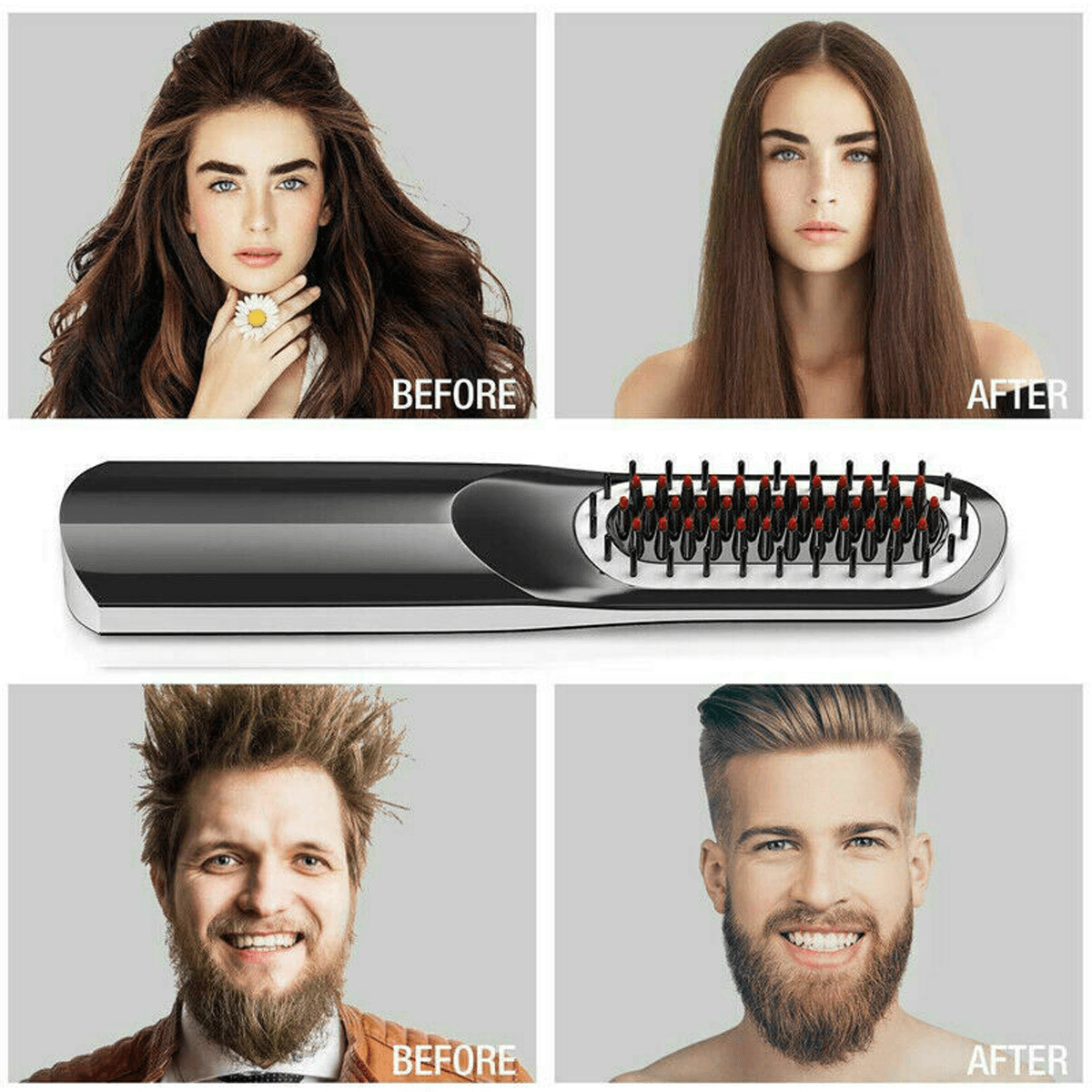 Lisseur électrique sans fil 2 en 1 LCD rapide pour barbe, brosse à cheveux, peigne, boucleur