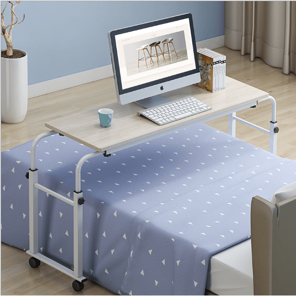 Adjustable Rolling Laptop Computer Desk Bed Desk over Bed Lap Desk Table Foldable Breakfast Serving Bed Tray with Wheels