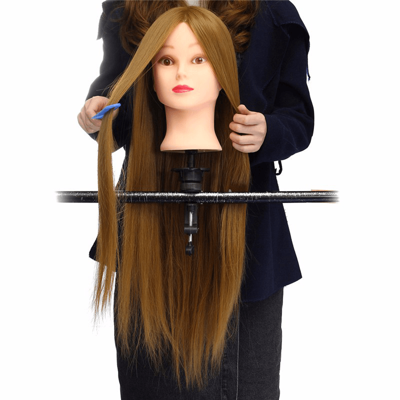 Cabeza de maniquí de entrenamiento de 26" de color marrón claro con 30 % de cabello humano, modelo de peluquería, práctica de maquillaje con abrazadera