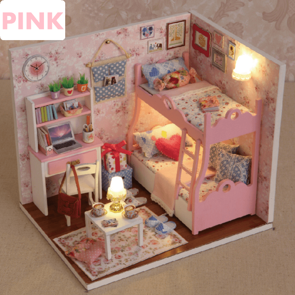 Kit de muebles en miniatura para casa de muñecas, hecho a mano, para habitación creativa, con luz LED, cubierta a prueba de polvo, juguete para niños, regalo de cumpleaños, colección de decoración del hogar