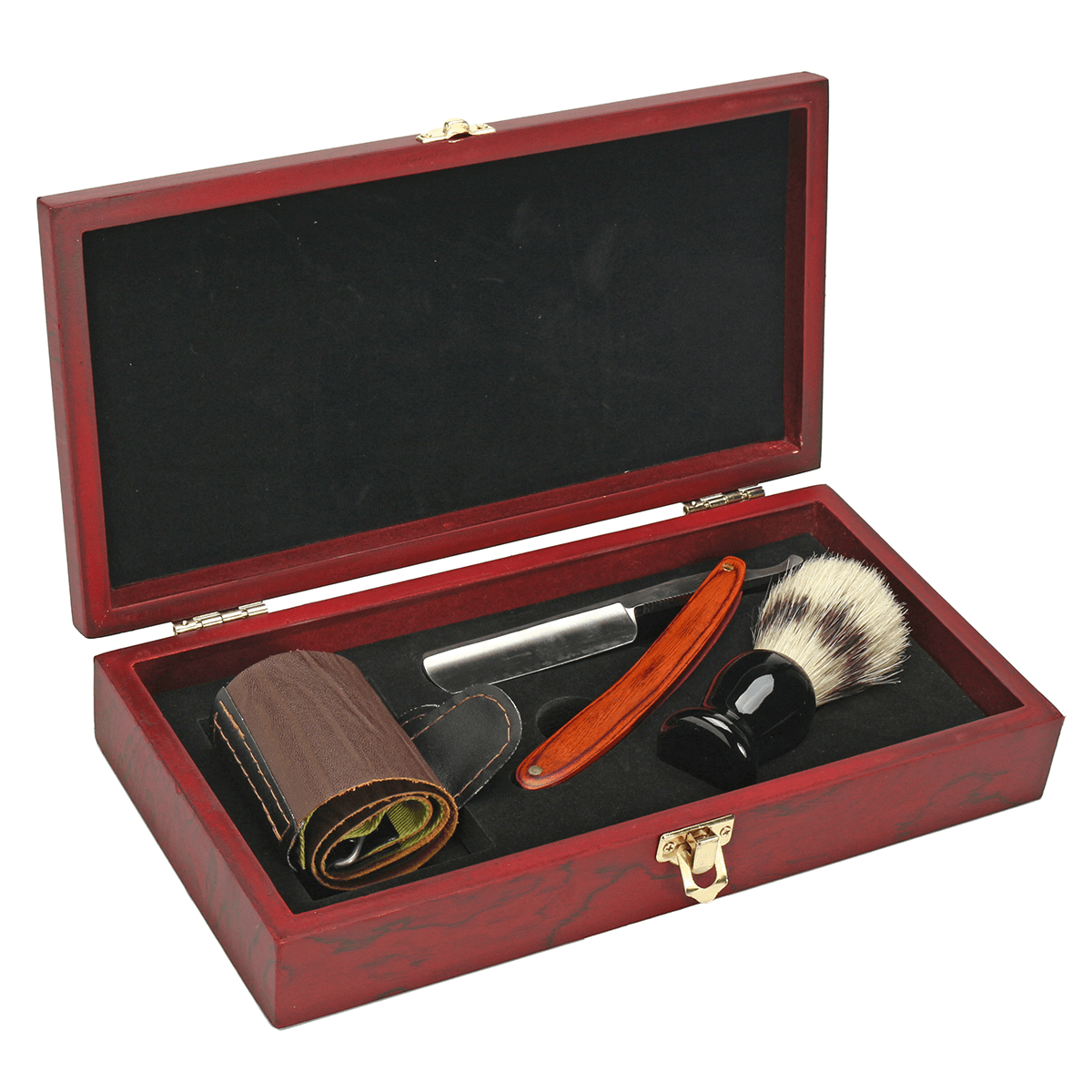 Kit de afeitadora de 4 piezas, navaja de afeitar recta de garganta cortada, correa de brocha de afeitar, caja de madera, juego de regalo