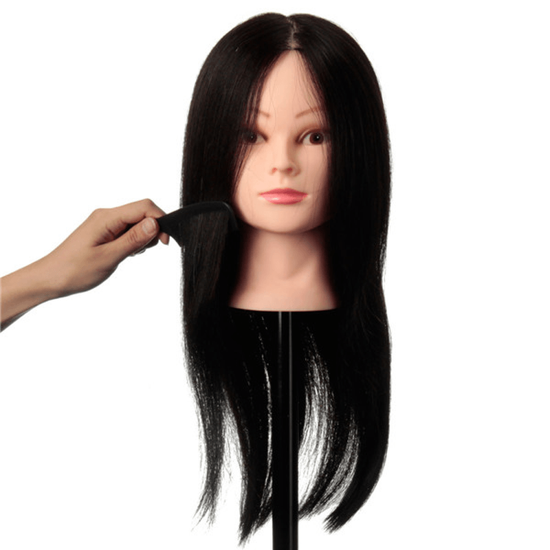 Maniquí de práctica 100 % negro con cabello humano real, cabezal de entrenamiento para peluquería, soporte de pinza para corte