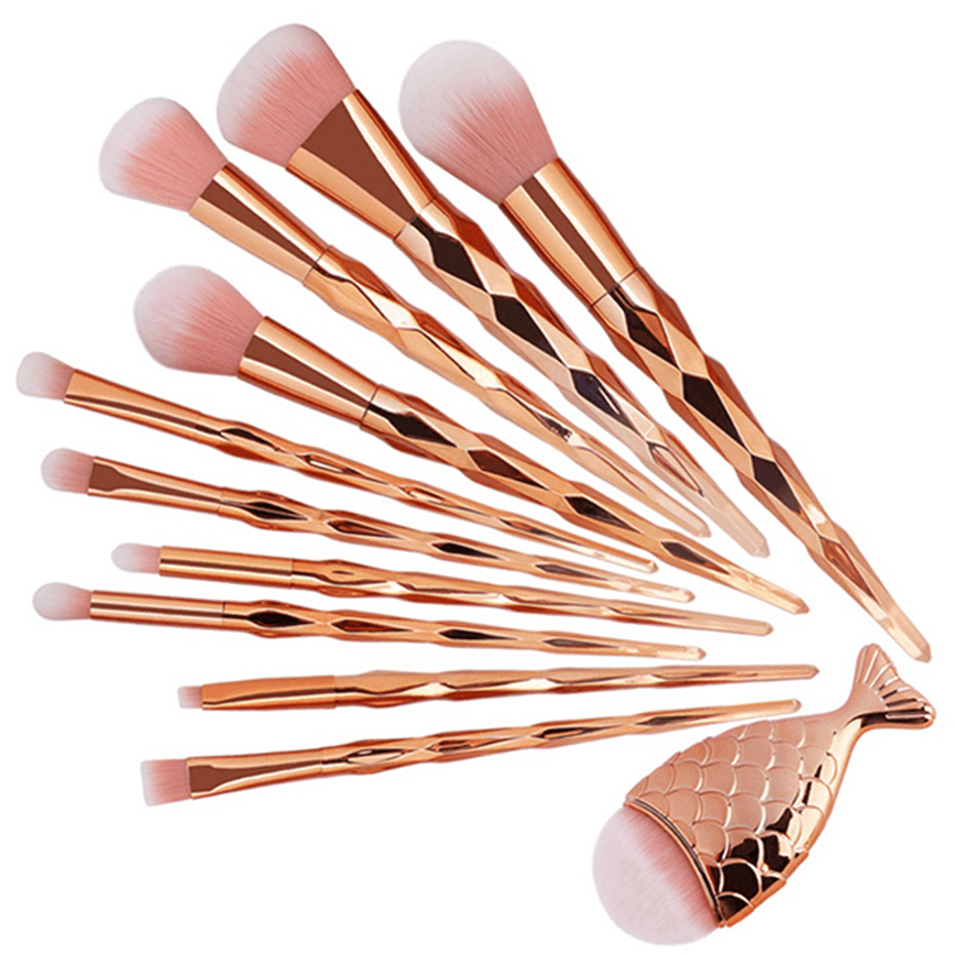 11PCS Mermaid Makeup Brushes Set Fishtail Shaped Foundation Powder Cosmetics Brushes Make up Tools