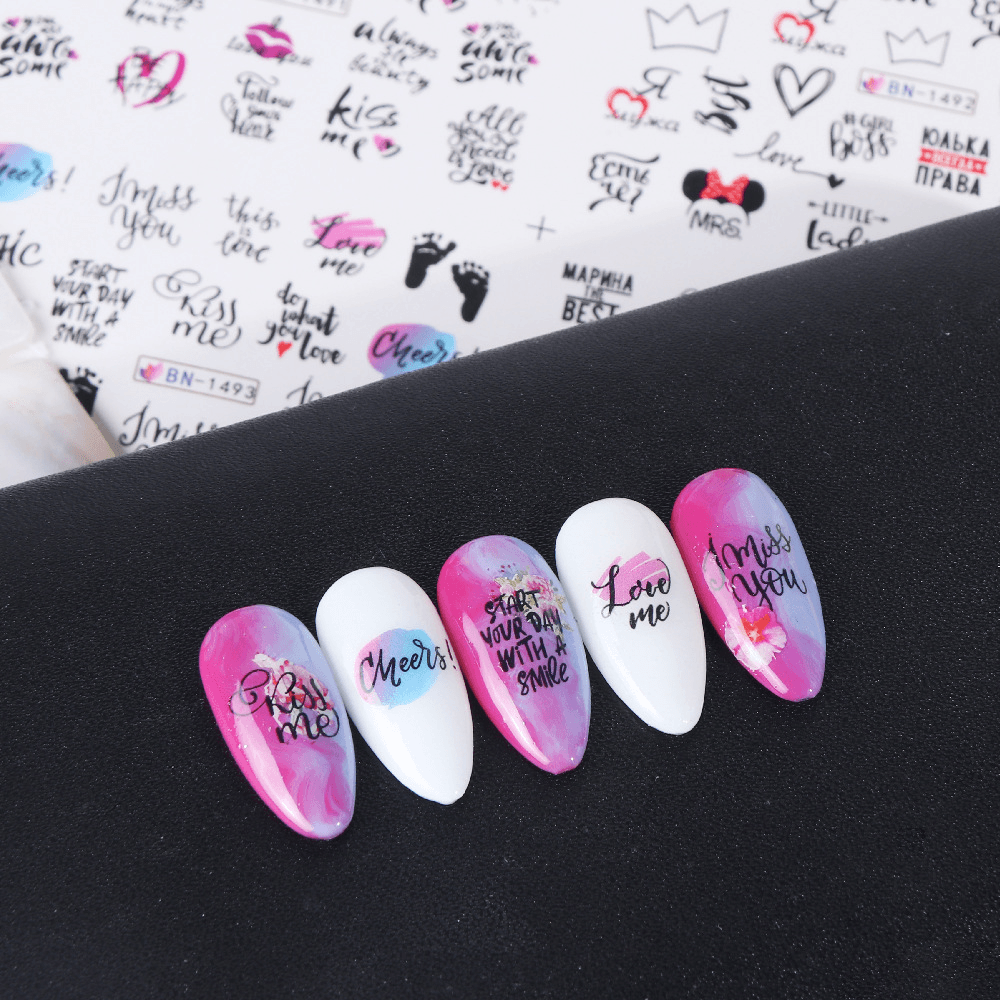 Lot de 12 autocollants pour nail art, lettres d'amour, fleurs, décoration d'ongles, autocollants de transfert pour la Saint-Valentin