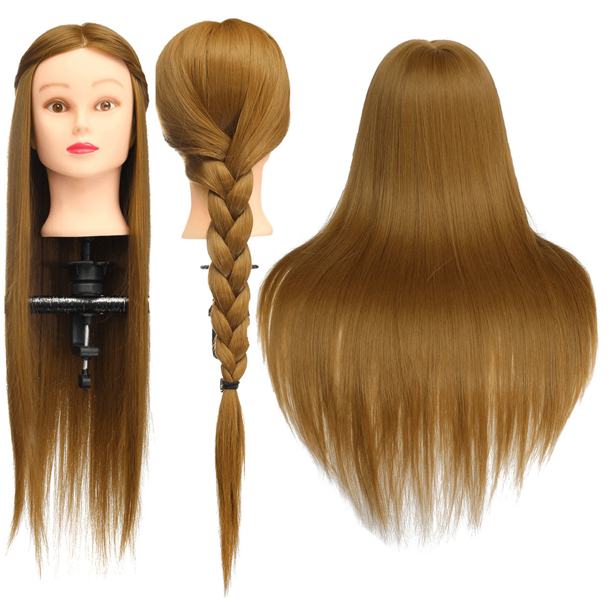 Cabeza de maniquí de entrenamiento de 26" de color marrón claro con 30 % de cabello humano, modelo de peluquería, práctica de maquillaje con abrazadera