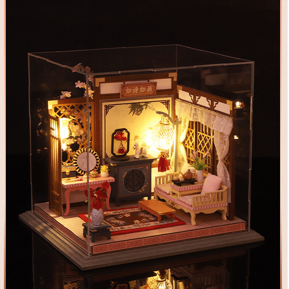 DIY Creative Chinese Style Retro Architectural Model Wooden Doll House Miniature Landscape Home Creative Gifts with Dust Cover and Furniture