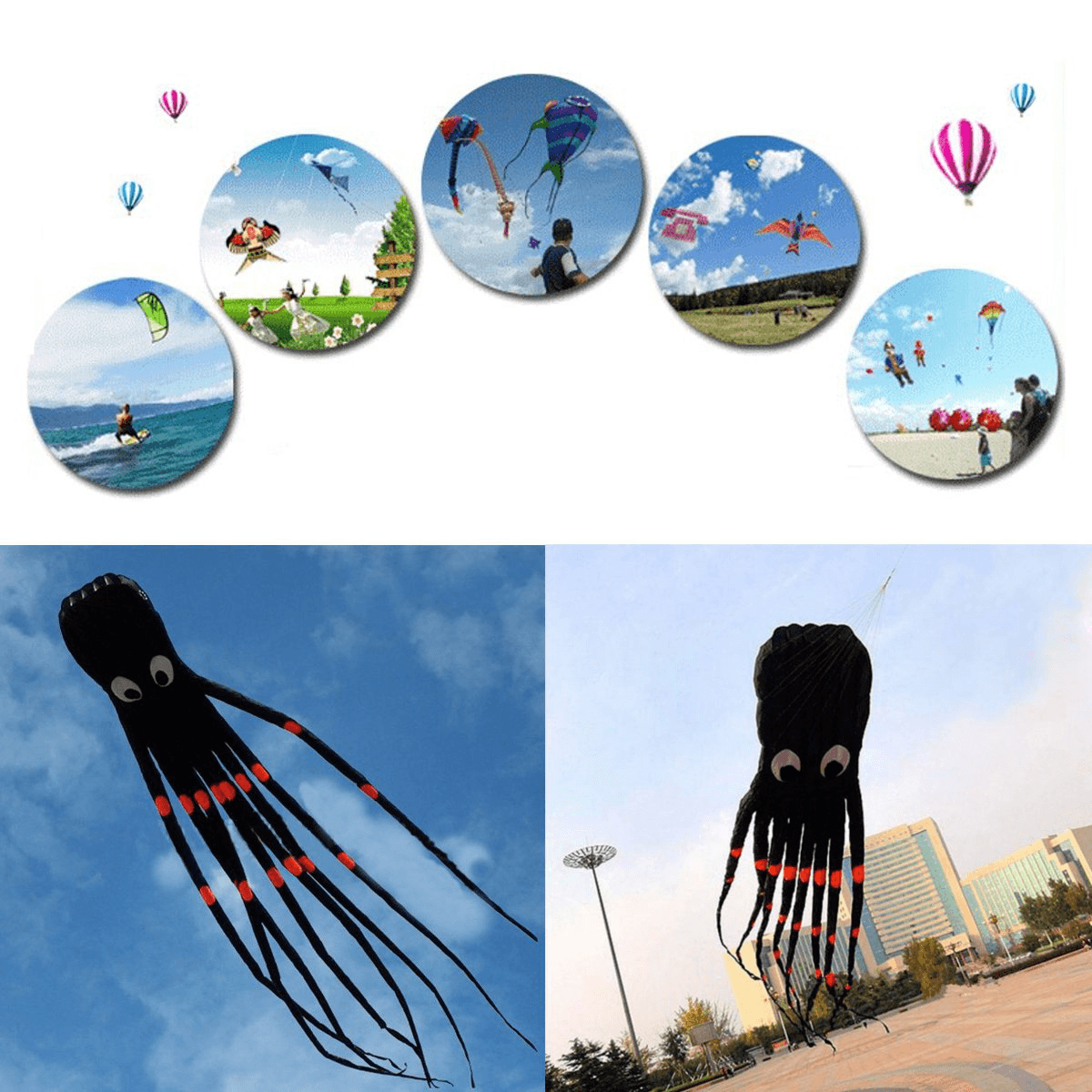 3D 26Ft 8M Single Line Black Octopus POWER Sport Huge Soft Kite Outdoor Toy