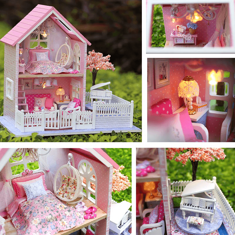 Cuteroom 1/24 Maison de poupée en bois à faire soi-même Rose Cerise Décorations faites à la main Modèle avec lumière LED et musique Anniversaire