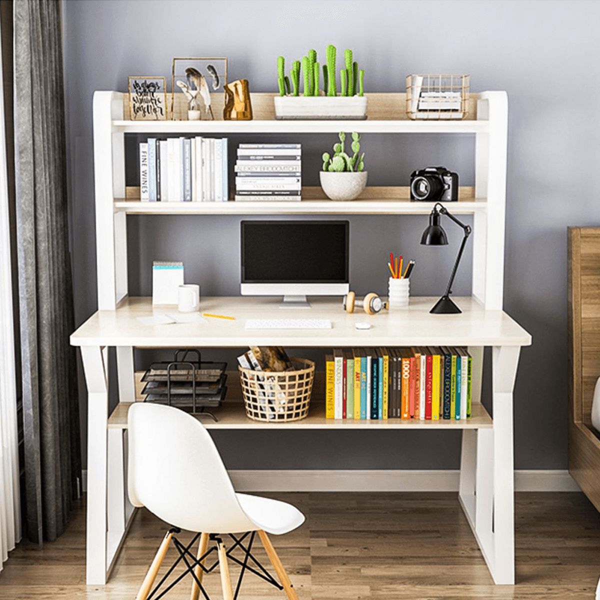 Bureau d'ordinateur à 1/2 niveaux, bibliothèque, bureau d'étude moderne avec étagère de rangement, organisateur de bureau peu encombrant, poste de travail pour le bureau à domicile