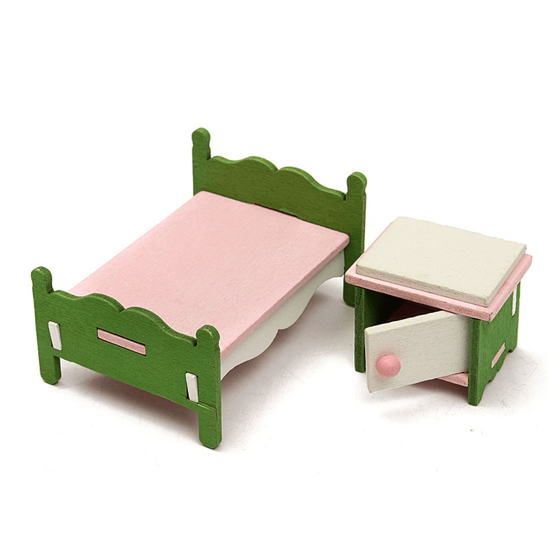 Kit de dormitorio en miniatura para casa de muñecas, juego de muebles de madera, juguete de juego de rol para familias