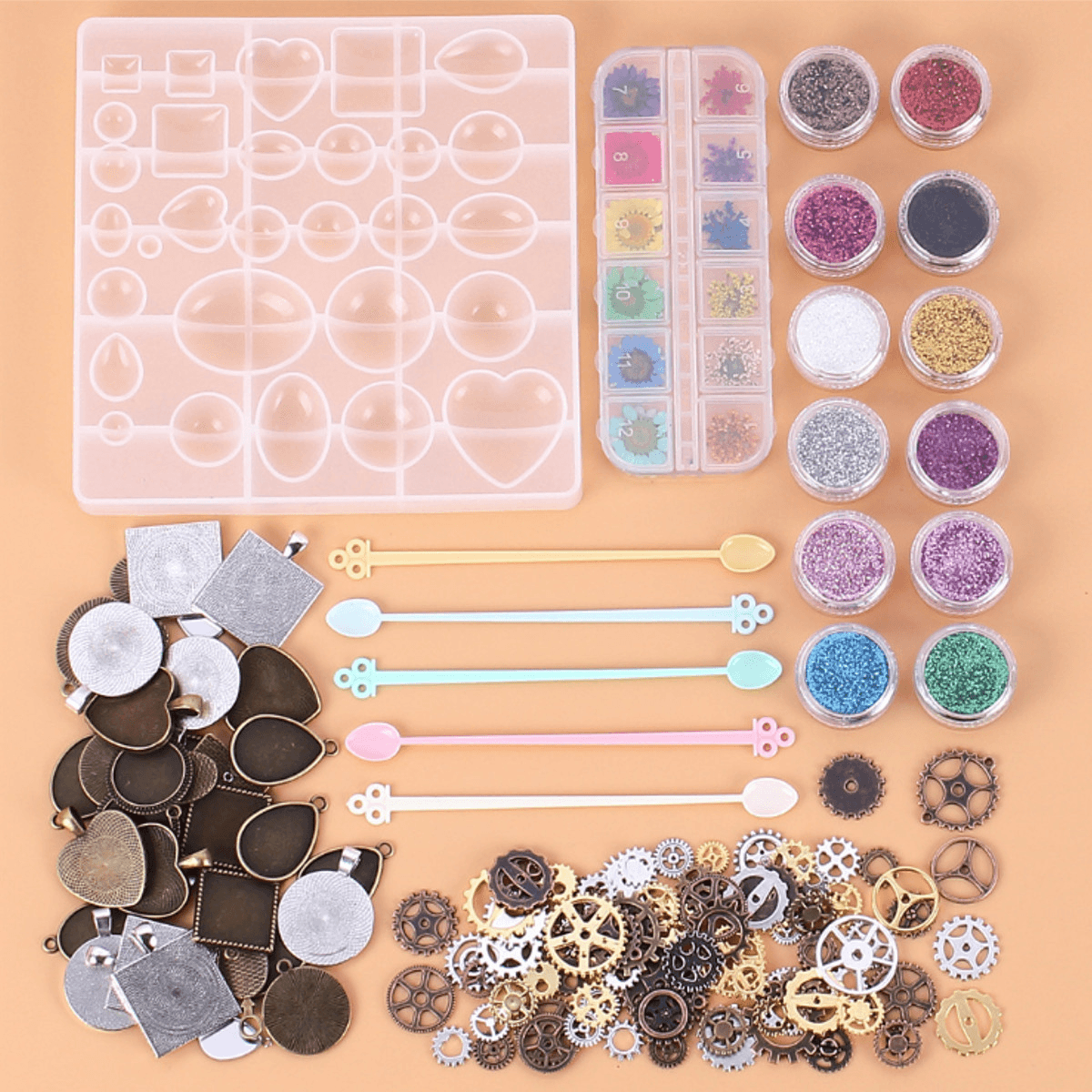 Lot de 45 plateaux à pendentifs pour fabrication de bijoux à faire soi-même, moule en résine de silicone pour bracelet en cristal, kit de moulage de bijoux, base vintage