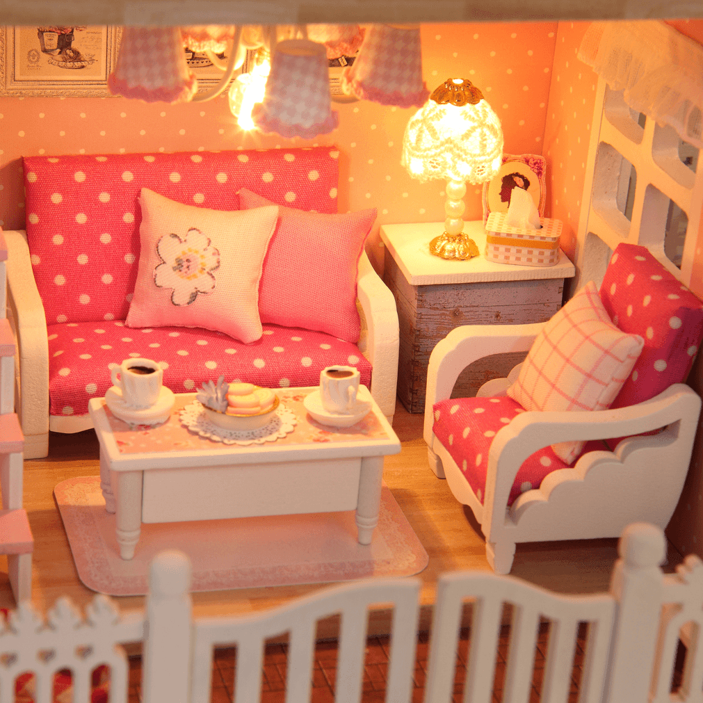 Cuteroom 1/24 Maison de poupée en bois à faire soi-même Rose Cerise Décorations faites à la main Modèle avec lumière LED et musique Anniversaire