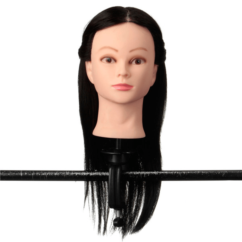 Maniquí de práctica 100 % negro con cabello humano real, cabezal de entrenamiento para peluquería, soporte de pinza para corte