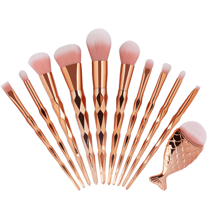 11PCS Mermaid Makeup Brushes Set Fishtail Shaped Foundation Powder Cosmetics Brushes Make up Tools