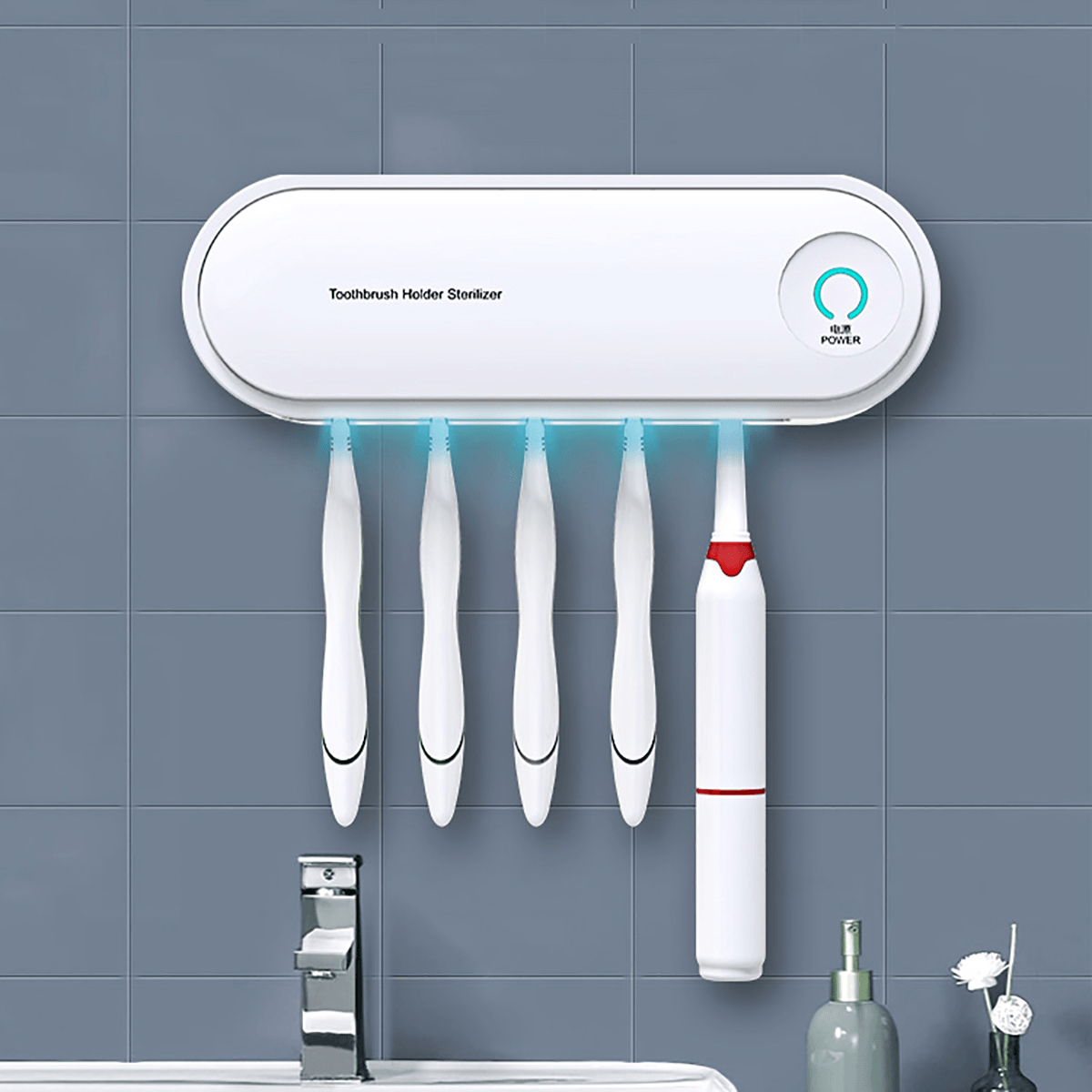 Stérilisateur de brosse à dents UV 2 en 1, support mural pour 5 brosses à dents et fonction de séchage, nettoyant antibactérien automatique