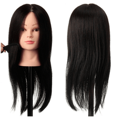 Maniquí de práctica 100 % negro con cabello humano real, cabezal de entrenamiento para peluquería, soporte de pinza para corte