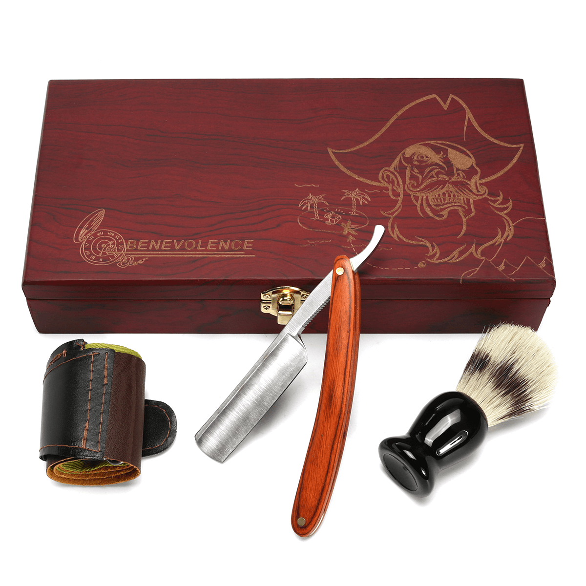 Kit de afeitadora de 4 piezas, navaja de afeitar recta de garganta cortada, correa de brocha de afeitar, caja de madera, juego de regalo