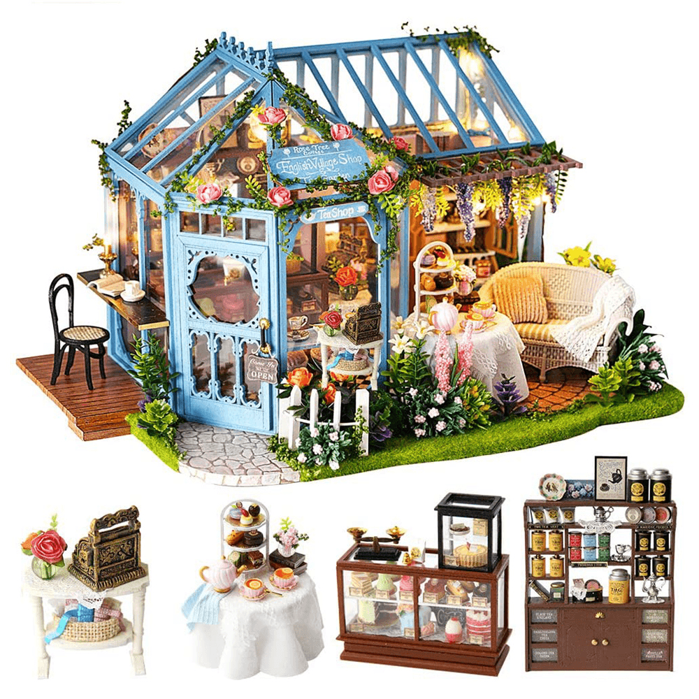 Cute Room Rose Garden Tea House DIY Handmade Assemble Doll House Kit Miniature Furniture Kit with Music & LED Effect Toy for Kids Birthday Xmas Gift House Decoration