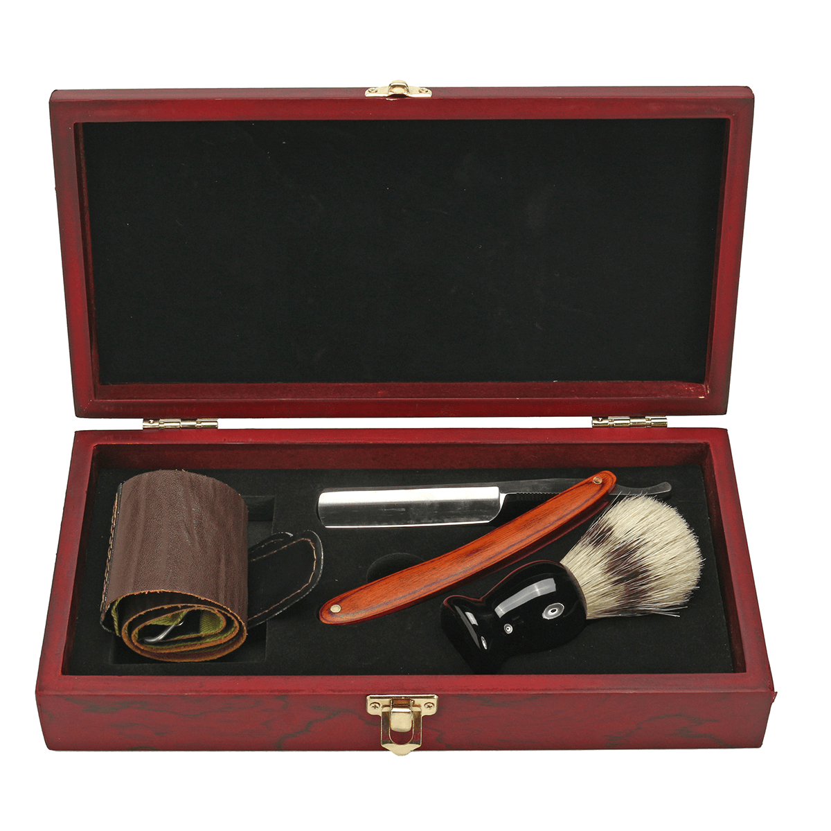 Kit de afeitadora de 4 piezas, navaja de afeitar recta de garganta cortada, correa de brocha de afeitar, caja de madera, juego de regalo