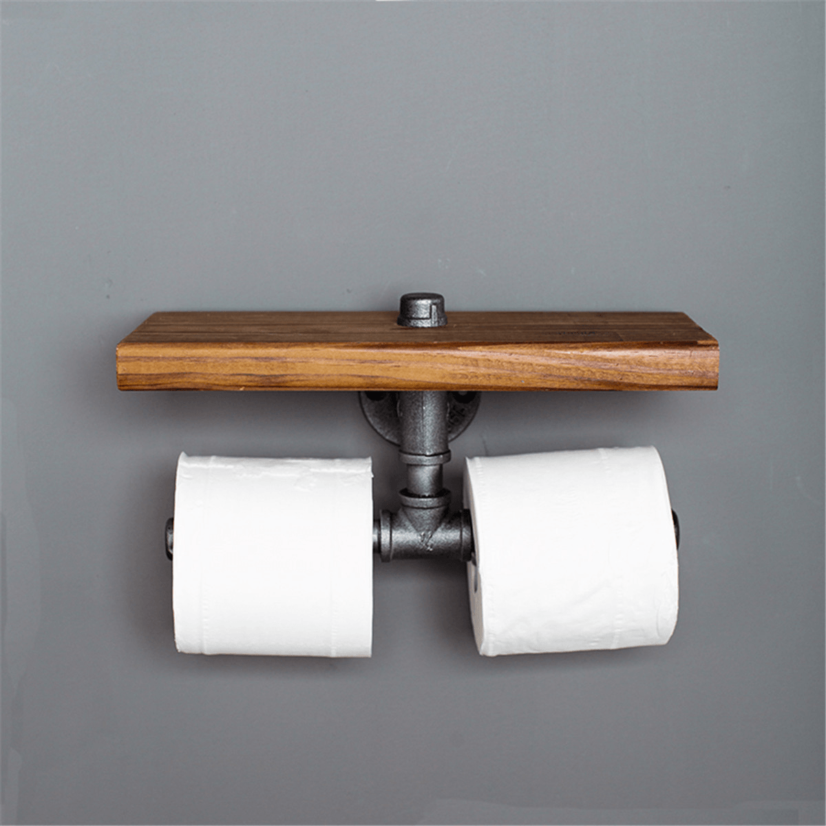 Double Toilet Paper Holder Urban Industrial Iron Pipe Wall Mount with Wood Shelf Paper Shelf Holder