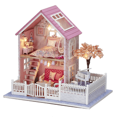 Cuteroom 1/24 Maison de poupée en bois à faire soi-même Rose Cerise Décorations faites à la main Modèle avec lumière LED et musique Anniversaire