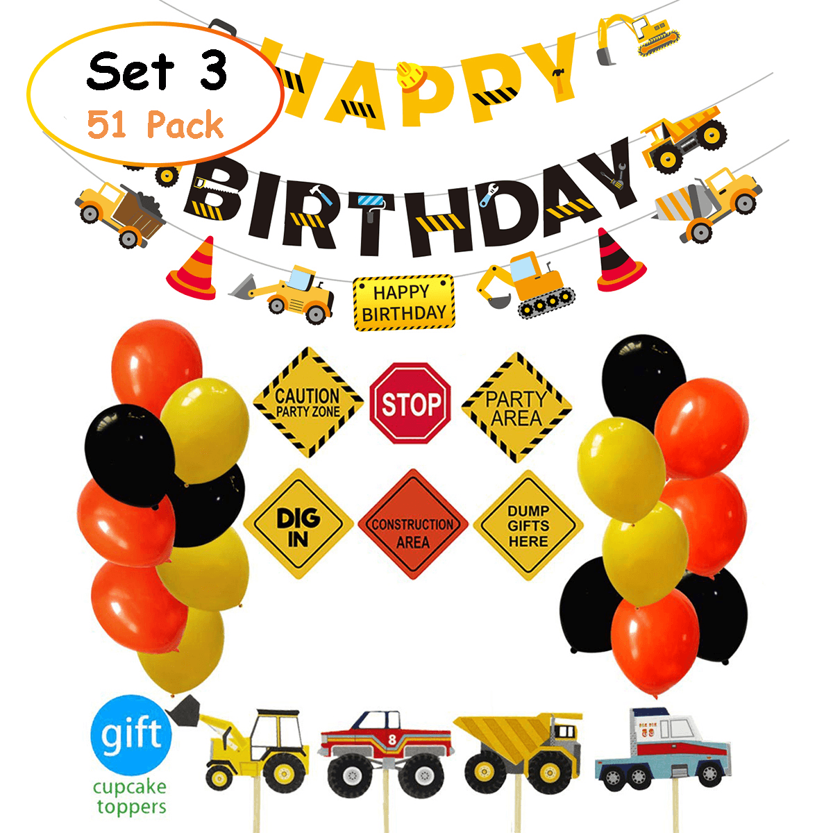 Construction Truck Birthday Flag Sign Cake Insert Aluminum Film Balloon Engineering Car for Party Decoration