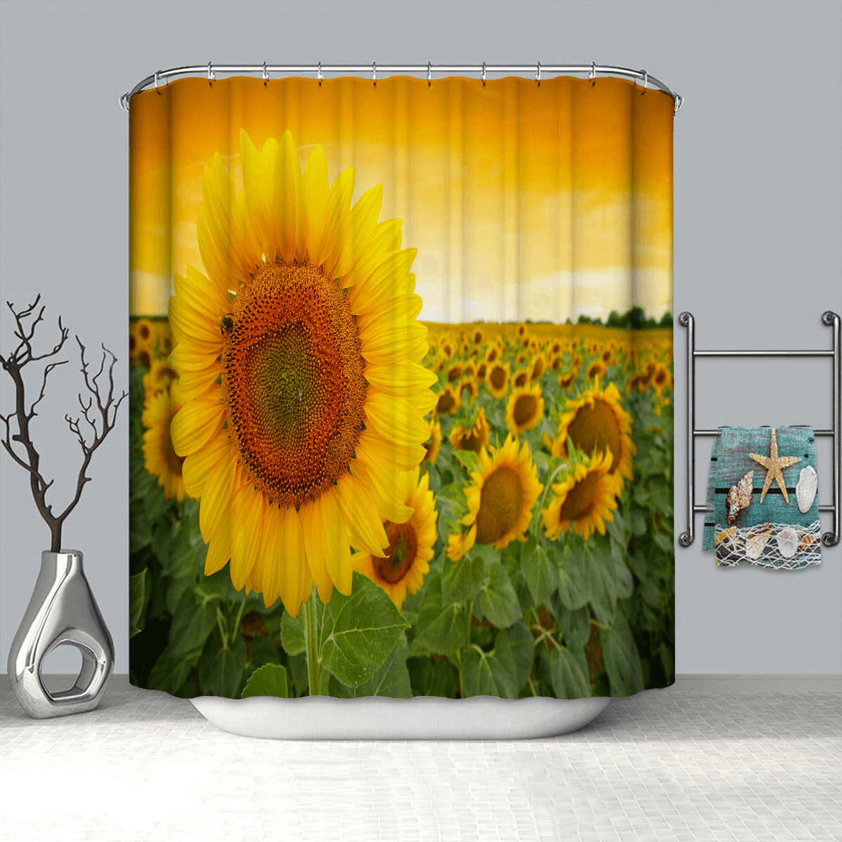 Cortina de ducha impermeable y resistente al moho con estampado de girasoles de poliéster de 180 x 180 cm