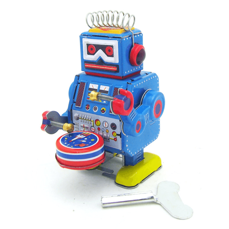 Clásico robot de cuerda vintage con mecanismo de relojería para niños, juguete de hojalata con llave