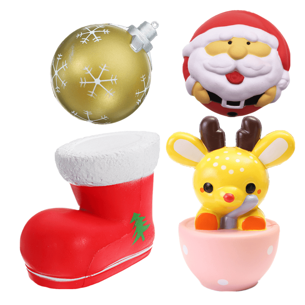 4PCS Christmas Gift Squishy Teacup Deer 14CM Santa Claus 7CM Snow Boot 11CM Gold Ball 9CM