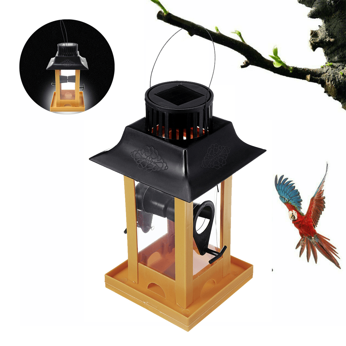 Mangeoire à oiseaux avec lumière LED suspendue pour jardin, cour, extérieur, abreuvoir pour oiseaux, outils pour cour, jardin, décoration extérieure