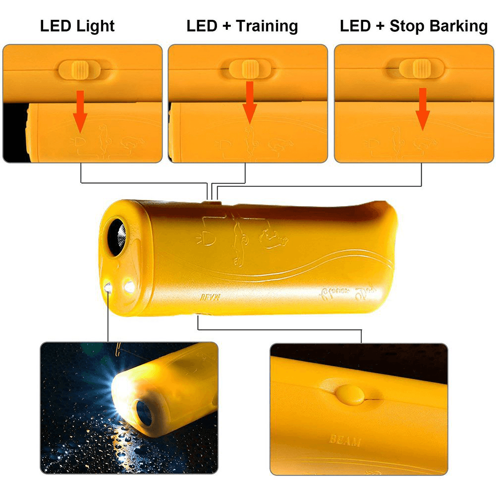 Dispositivo de entrenamiento repelente de ladridos ultrasónico 3 en 1 para perros y mascotas con luz LED