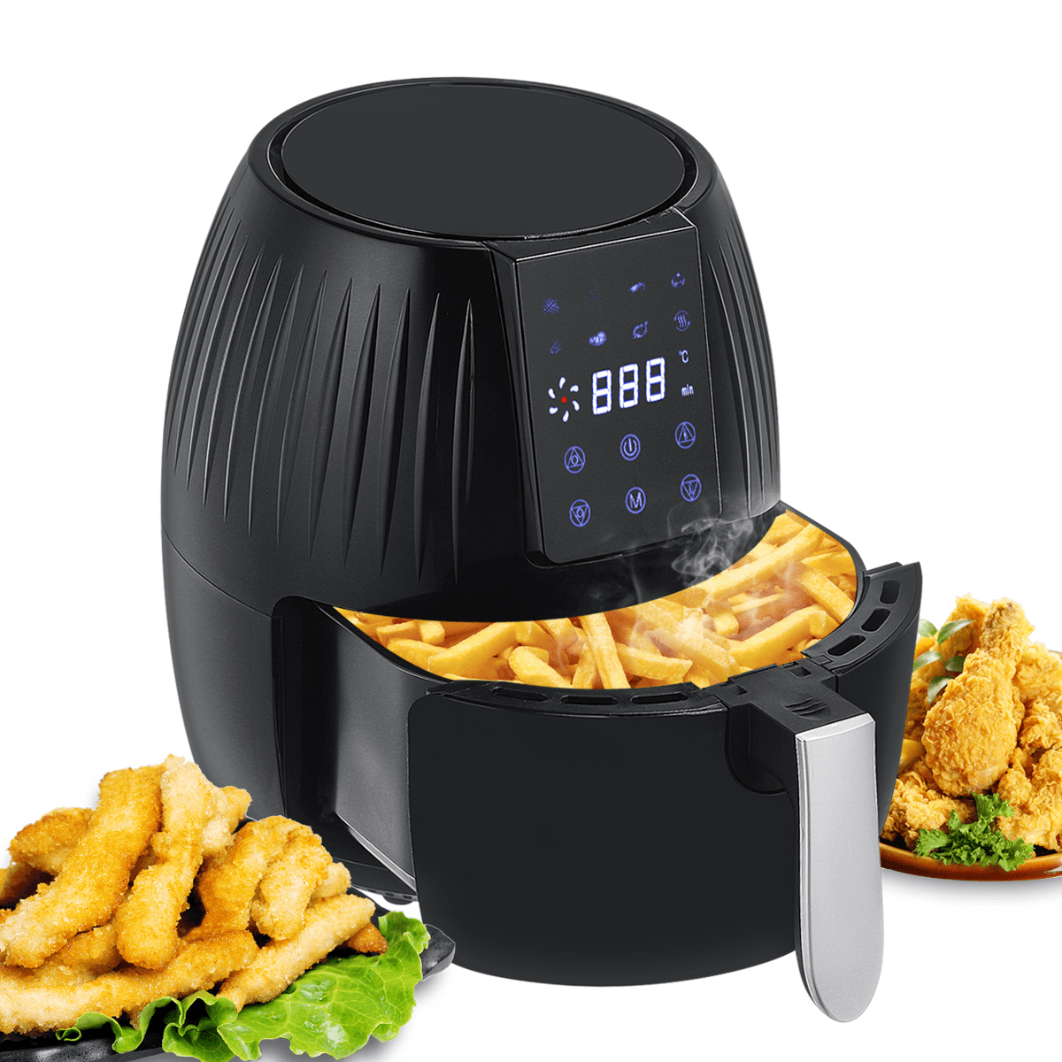 Friteuse à air chaud électrique 1300 W, four sans huile, grande capacité de 5,5 L, écran tactile, cycle de chauffage à 360 °, avec revêtement antiadhésif