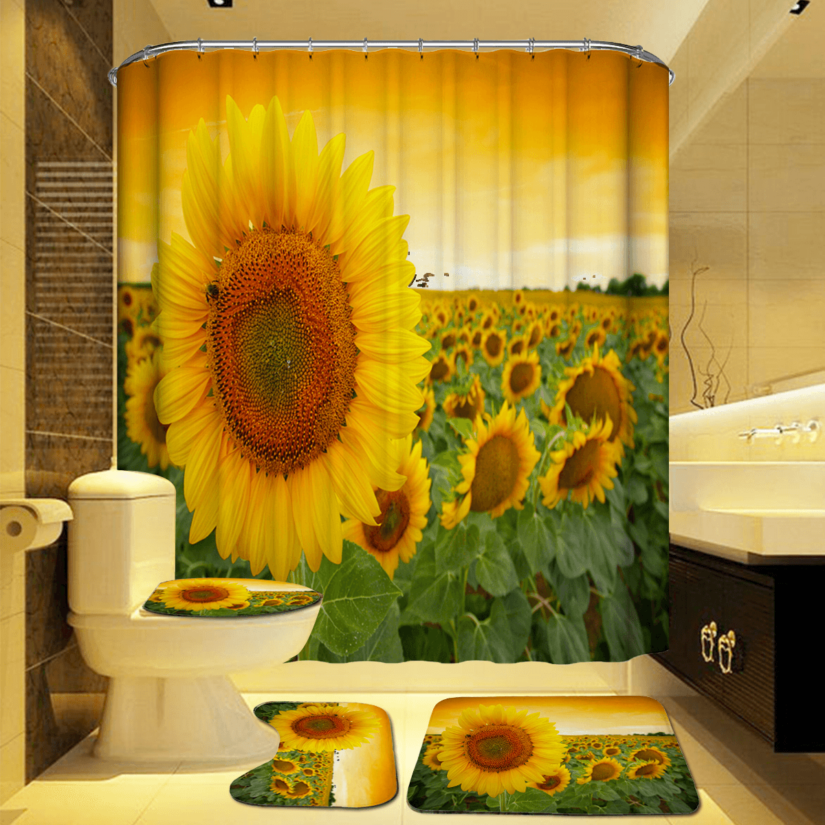 Cortina de ducha impermeable y resistente al moho con estampado de girasoles de poliéster de 180 x 180 cm