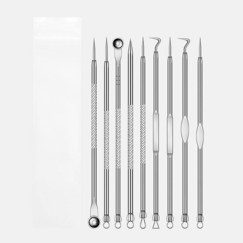 Ensemble de 9 outils pour éliminer l'acné, aiguilles à double tête en acier inoxydable pour éliminer les points noirs, outil de soin du visage