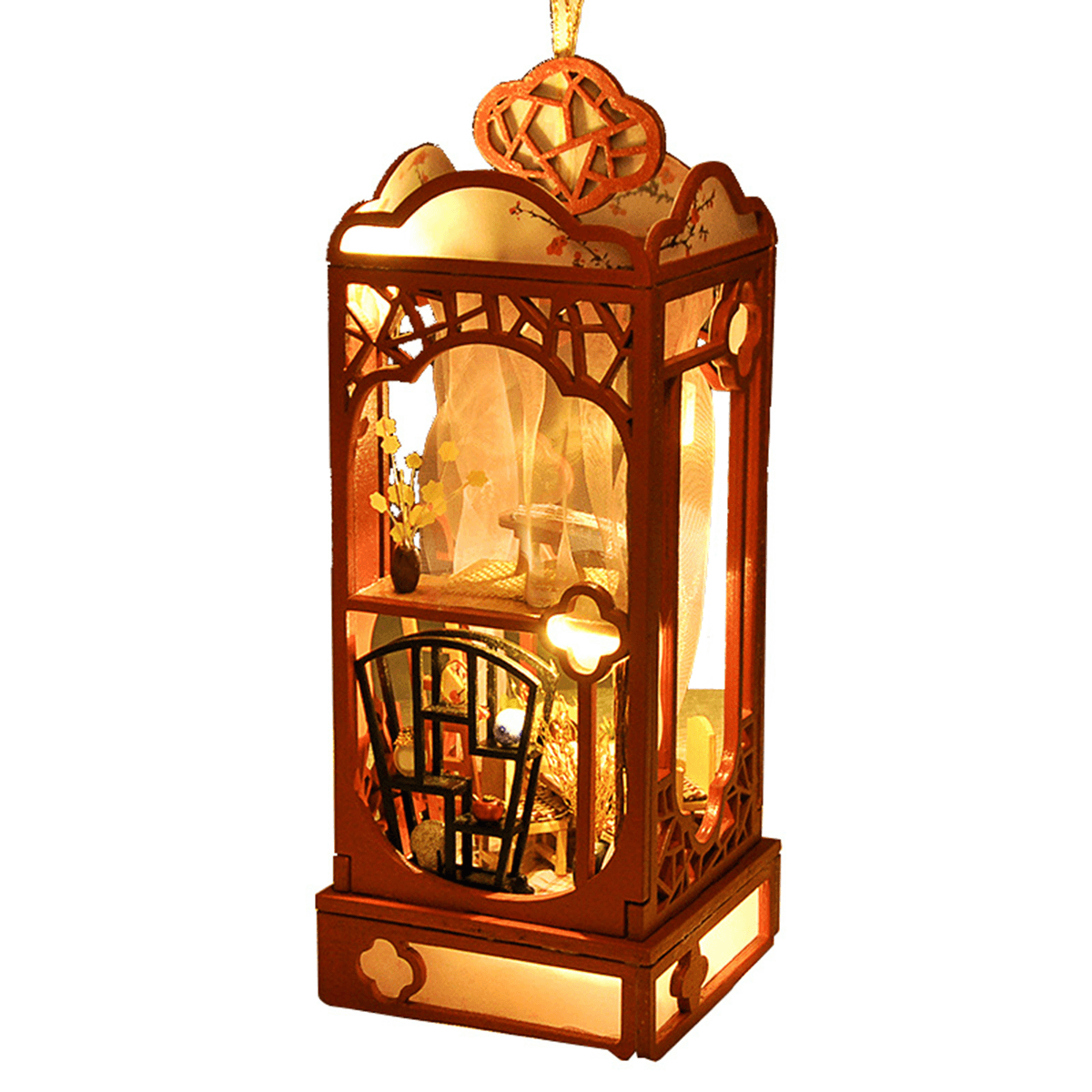 Maison de poupée miniature à suspendre de style chinois, kit de meubles en bois avec lumière pour cadeau d'anniversaire pour enfants